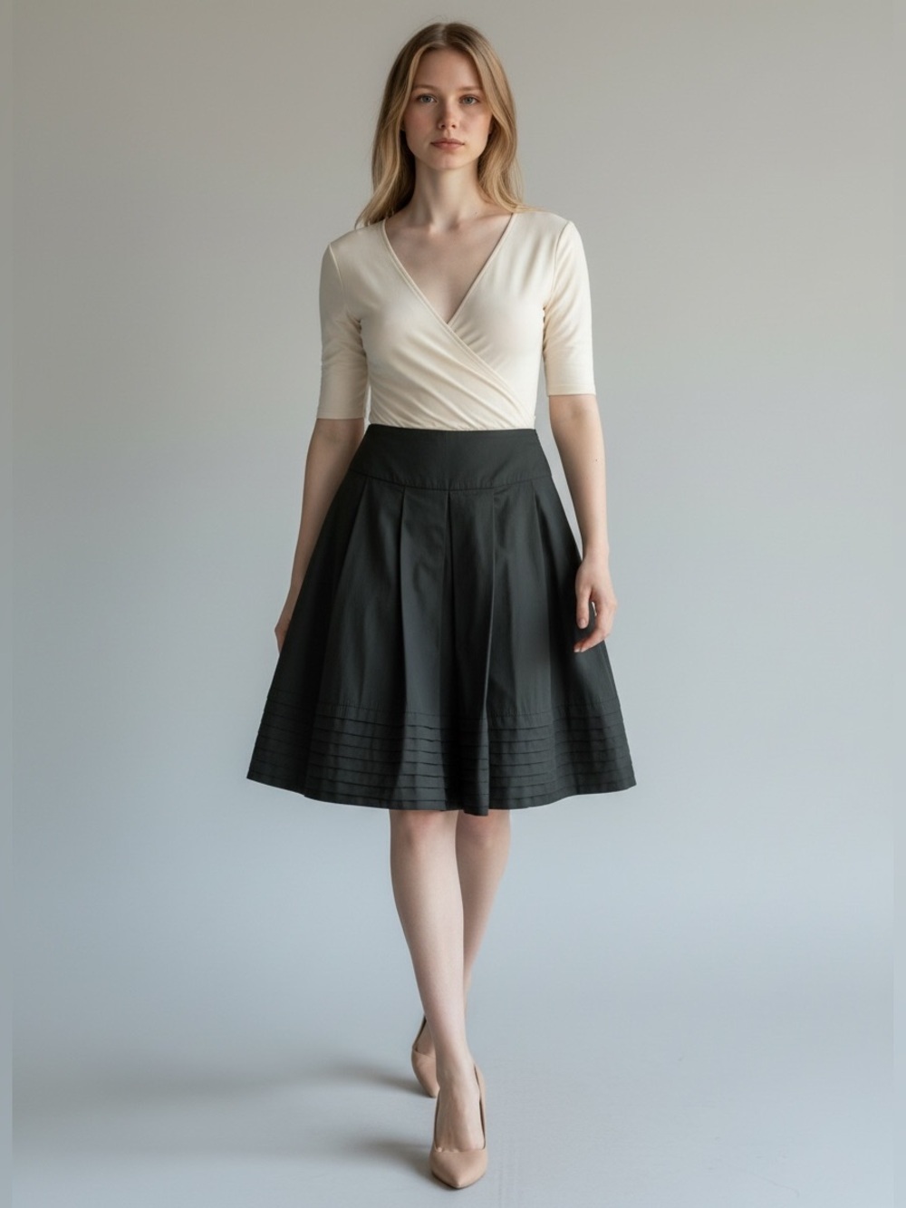 Vintage Alfred Sung Pleated A-Line Skirt 100% Cotton Lined Black Size 4